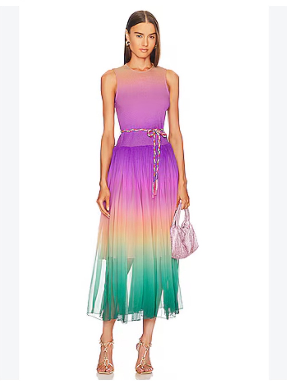 ZIMMERMANN CIRA SHIRRED MIDI DRESS GREEN PURPLE OMBRE SIZE L